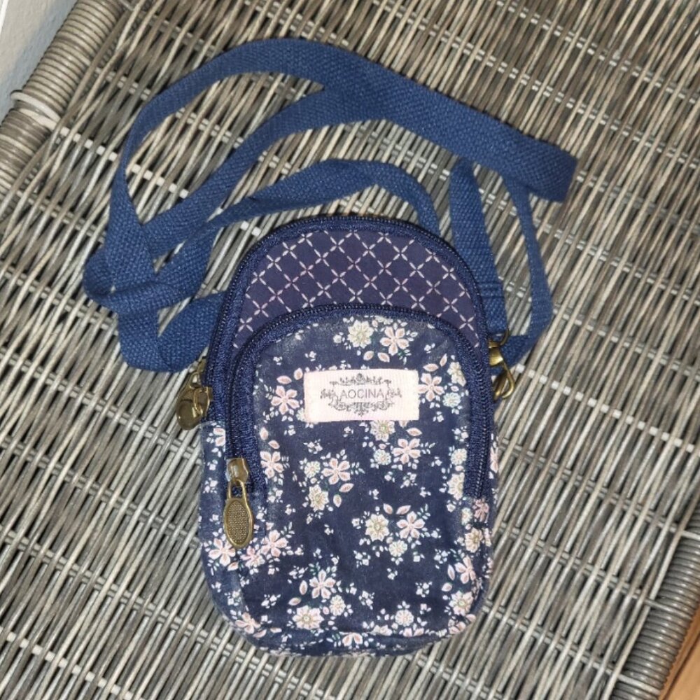 Crossbody Cell Phone Purse Pouch Bag Floral Purse Navy Blue Soft Travel Vacation